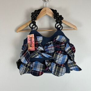Mudd Y2K Canvas Shoulder Bag Blue Jean Beaded Purse Madras Plaid Clueless